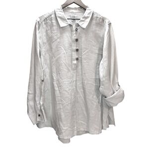 Sigrid Olsen Tunic Women 2X Light Blue 100% Linen Roll Tab Sleeve Button Up Top
